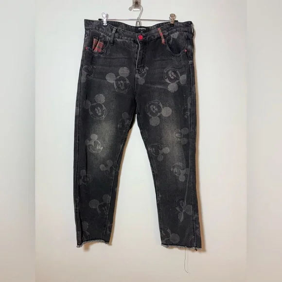 Desigual Women's Black Mickey Mouse Print Jeans Straight Leg Raw Hem SZ 34